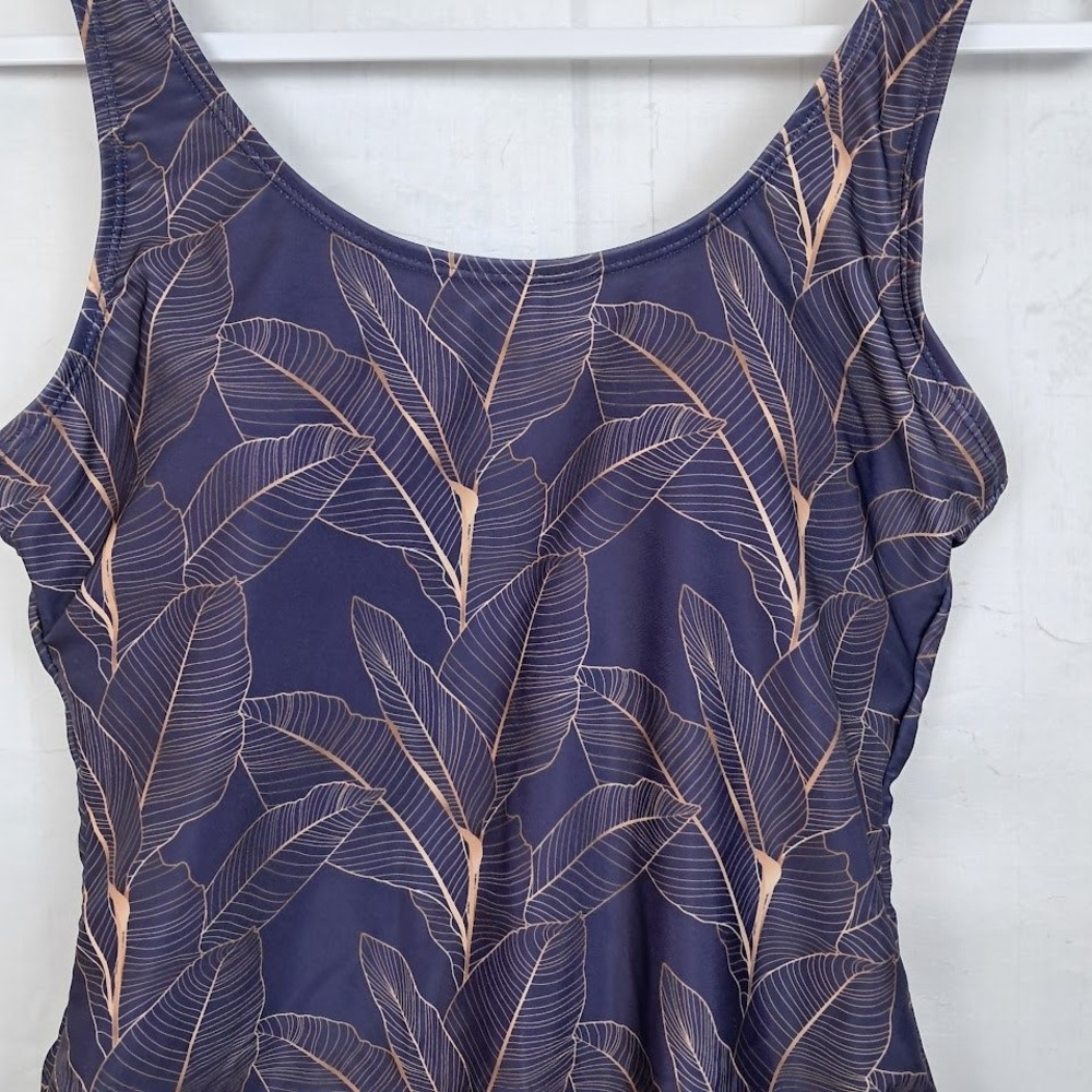 Nicole Miller M One Piece Swimsuit Scoop Back Blue & Leaf Print Botanical - Picture 2 of 5